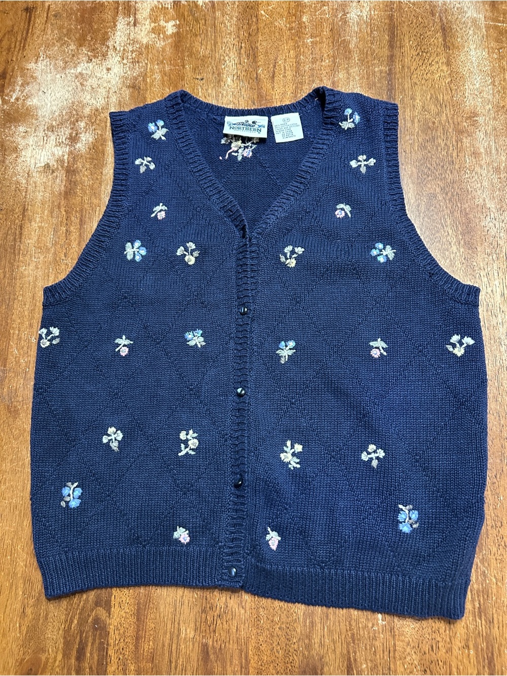 Vintage Northern Reflections Navy Embroidered Floral Knit Sweater Vest